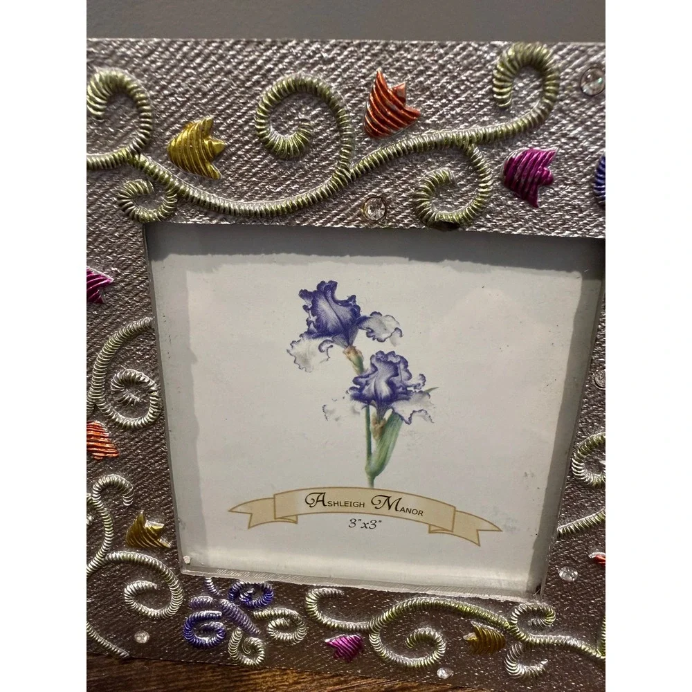 Ashleigh Manor Silver Textured 3x3 Photo Frame Rhinestone Enamel Swirls Square